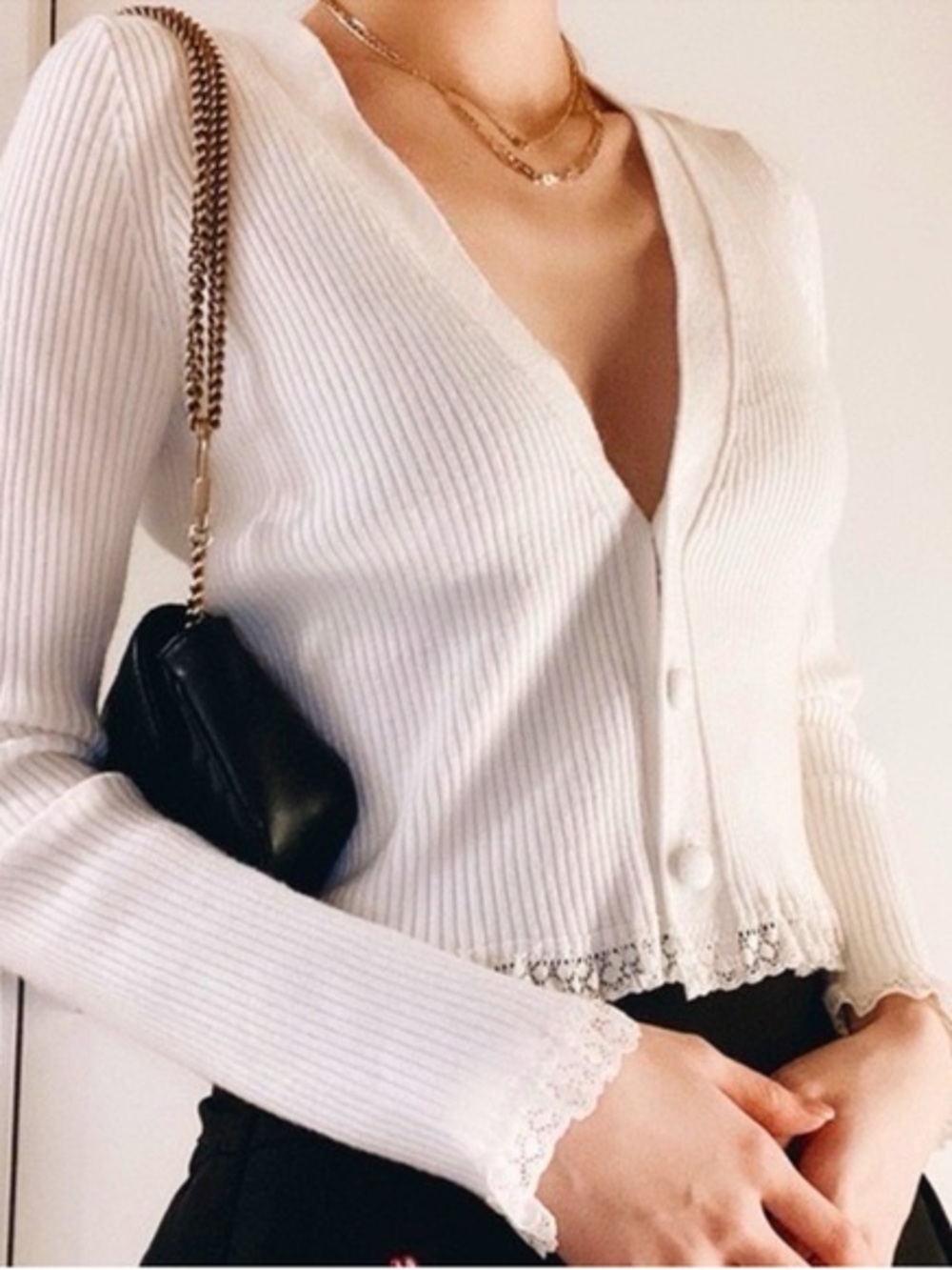 For Love & Lemons Nina Ivory Lace Trim Cropped Cardigan